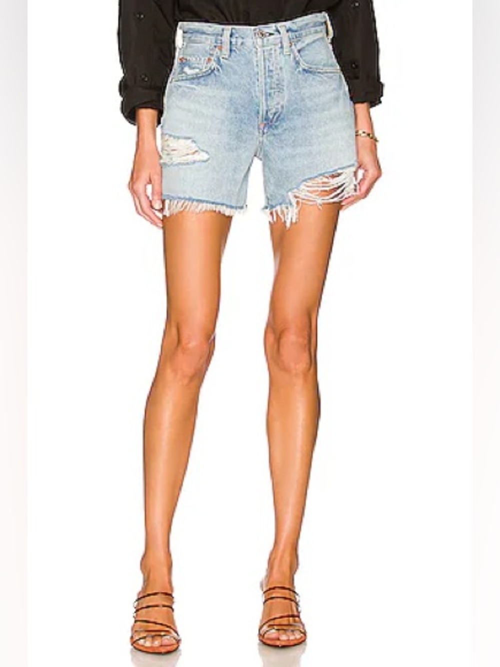 Citizens Of Humanity Annabelle Long Light Blue Distressed Denim Cutoff Shorts